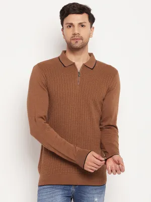 Camla Barcelona Solid Textured Brown T-Shirt For Men