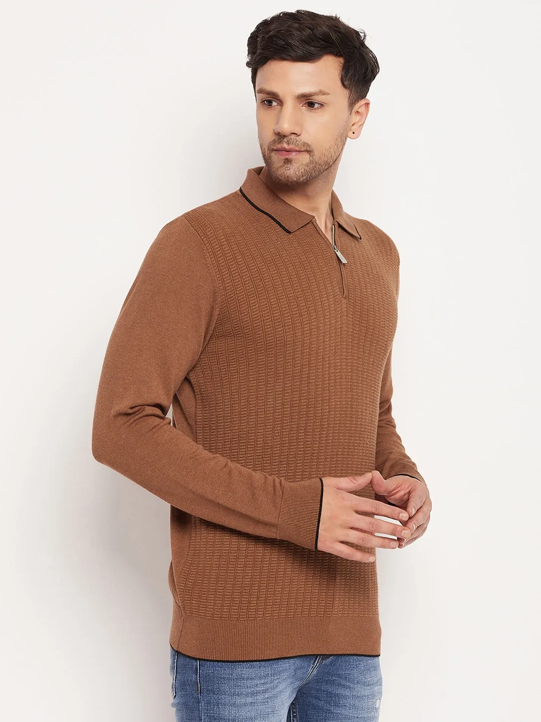 Camla Barcelona Solid Textured Brown T-Shirt For Men