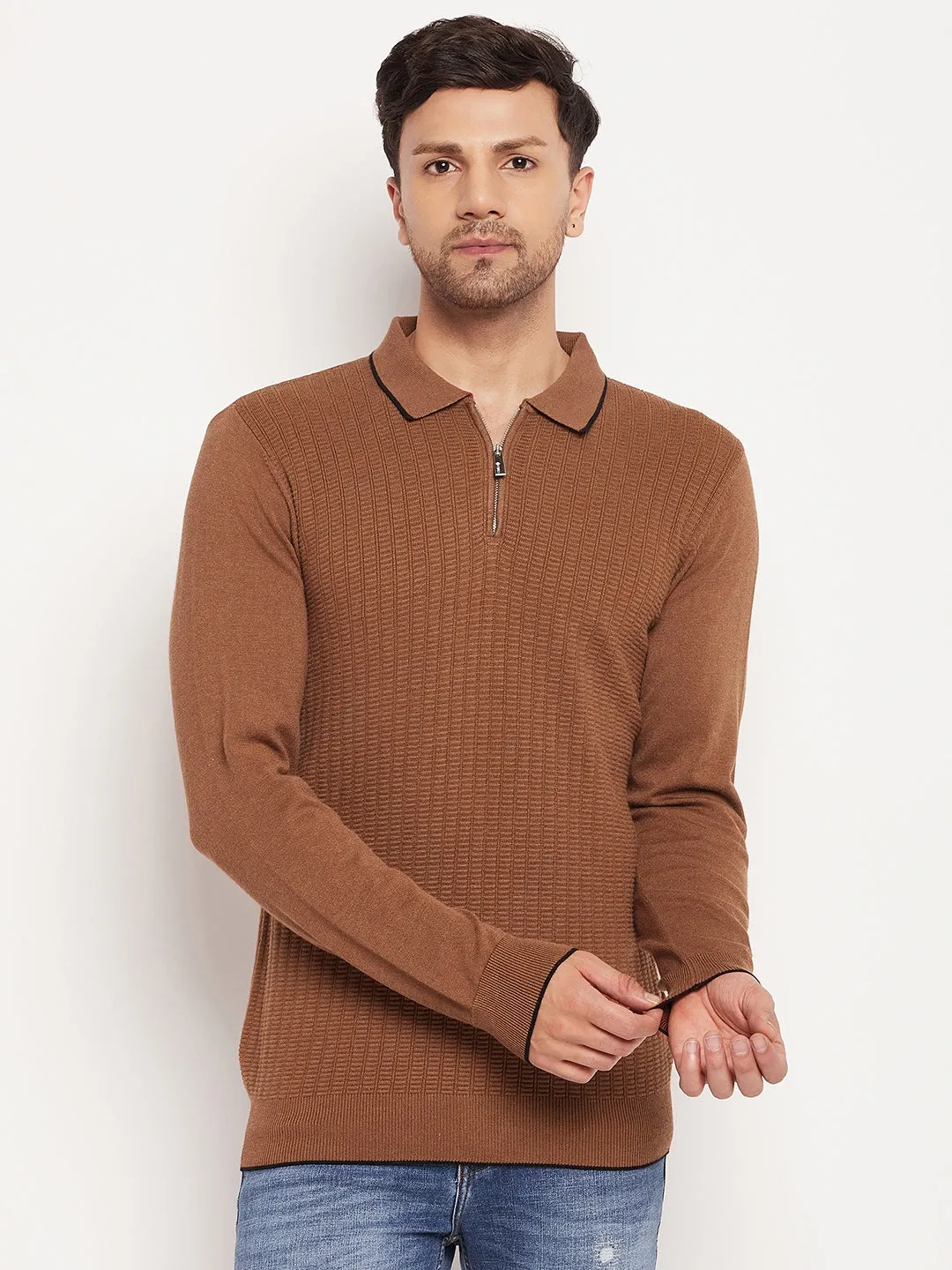 Camla Barcelona Solid Textured Brown T-Shirt For Men