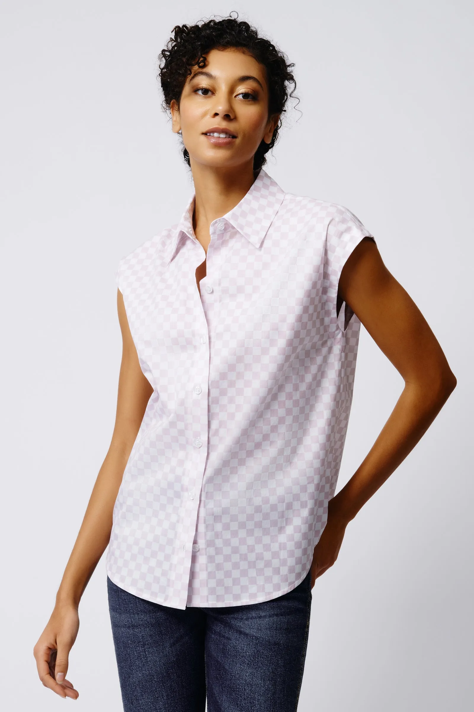Cap Sleeve Shirt -  Lavender Checkerboard