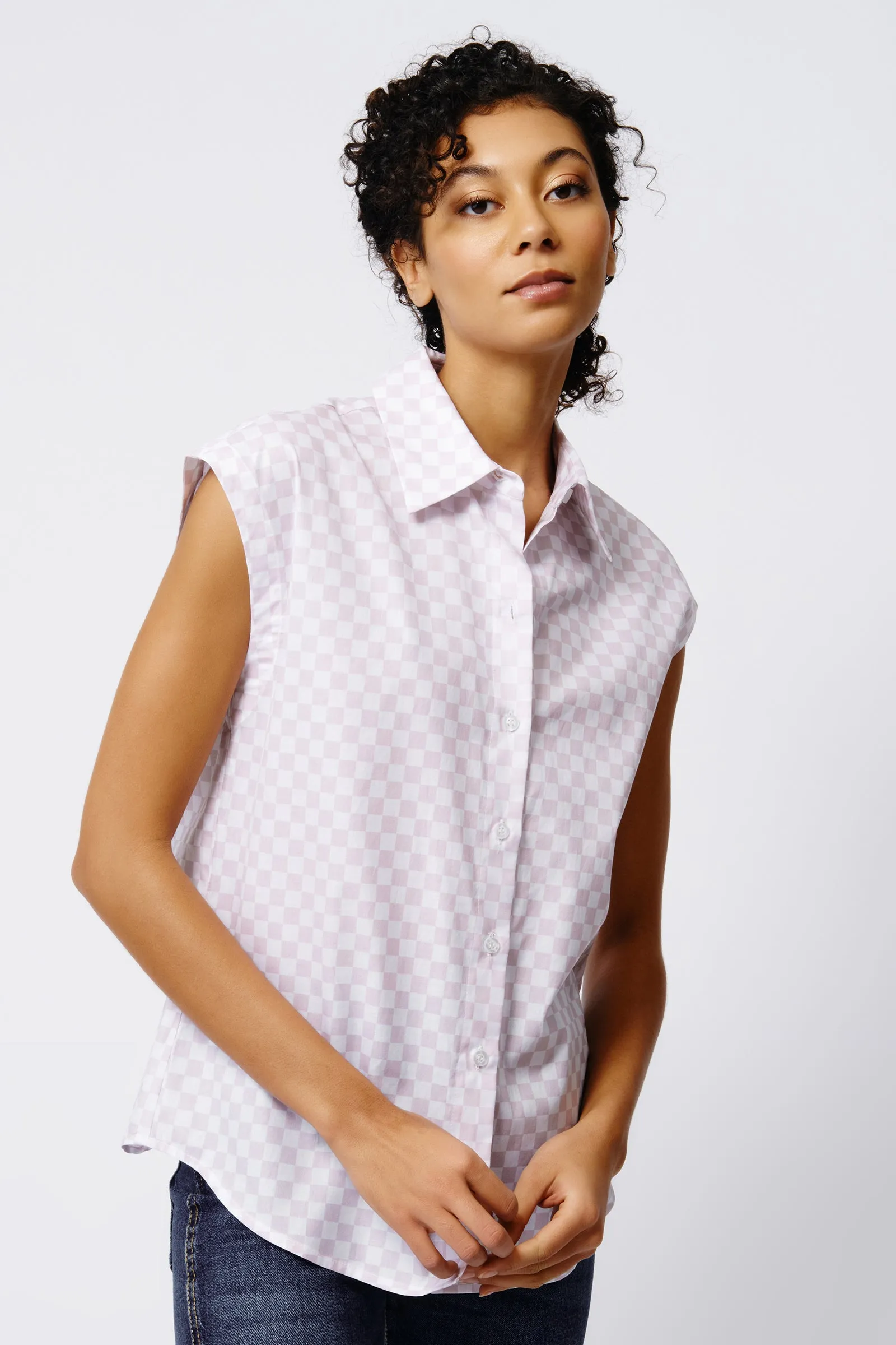 Cap Sleeve Shirt -  Lavender Checkerboard
