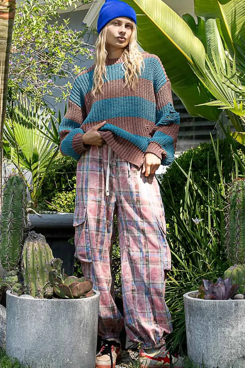 Cargo pockets detail plaid print jogger POL pants: Pink Multi
