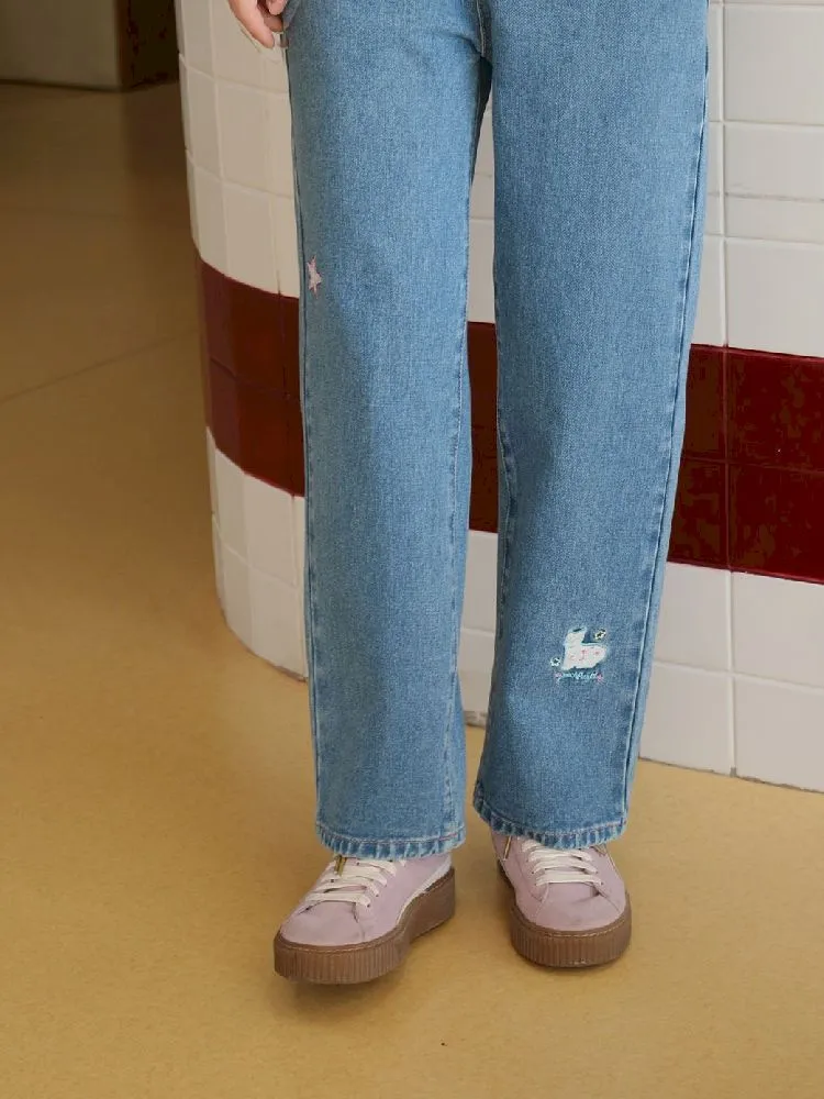 cat embroidered casual jeans
