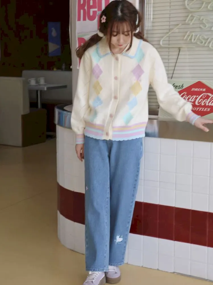 cat embroidered casual jeans