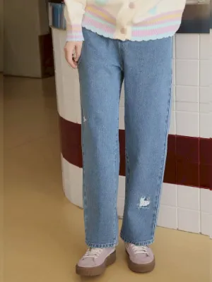 cat embroidered casual jeans