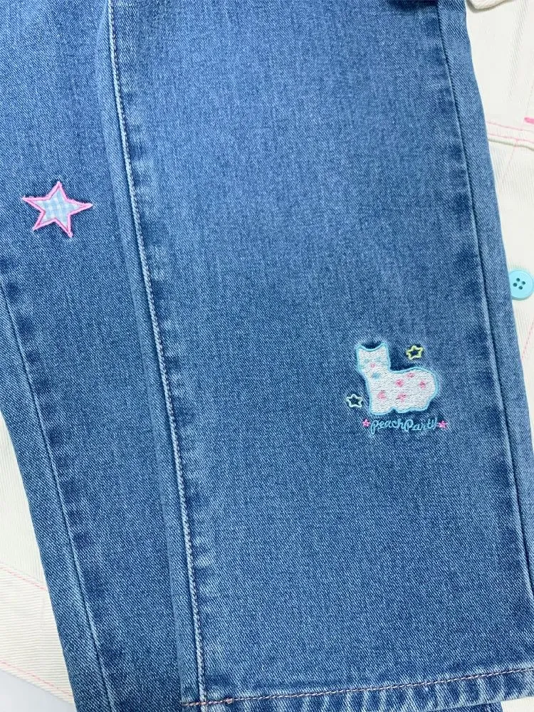 cat embroidered casual jeans