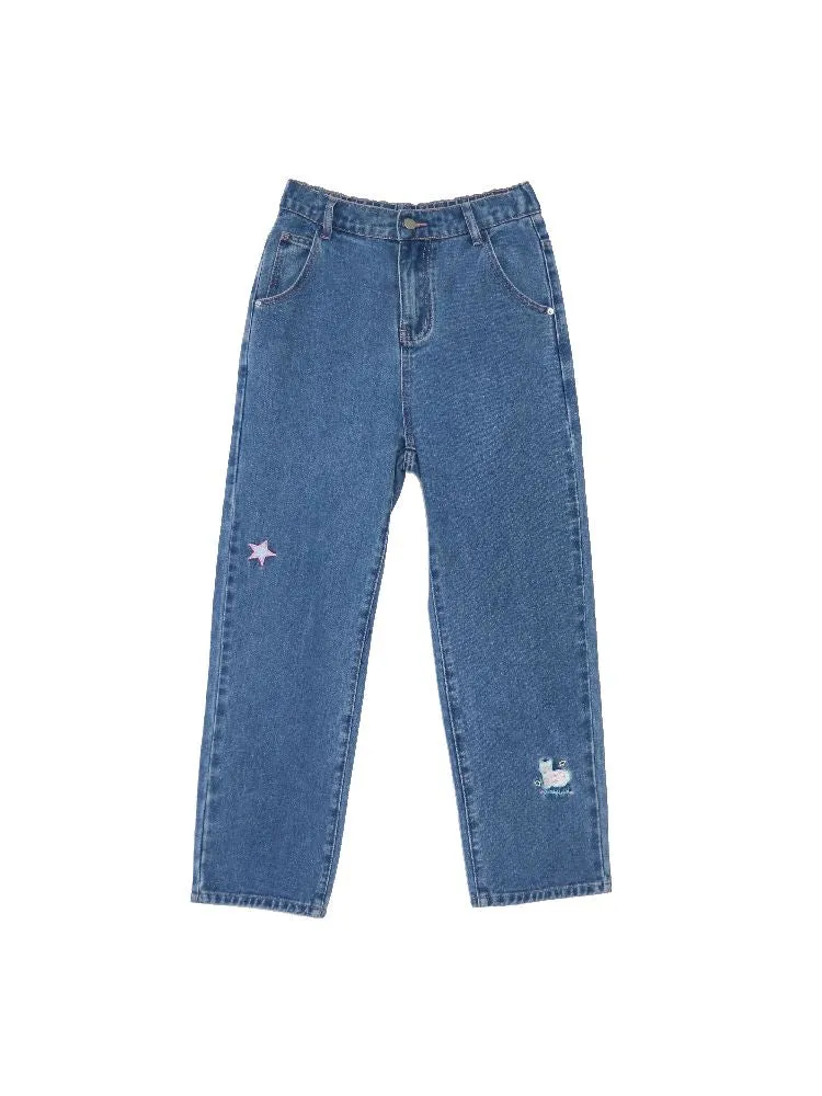 cat embroidered casual jeans