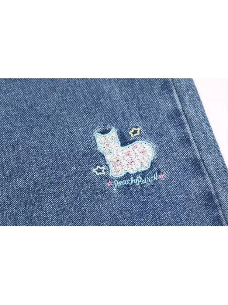 cat embroidered casual jeans
