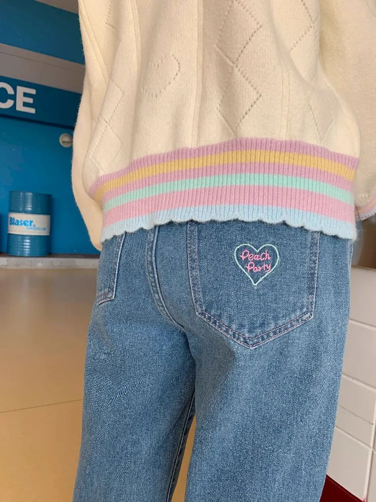 cat embroidered casual jeans