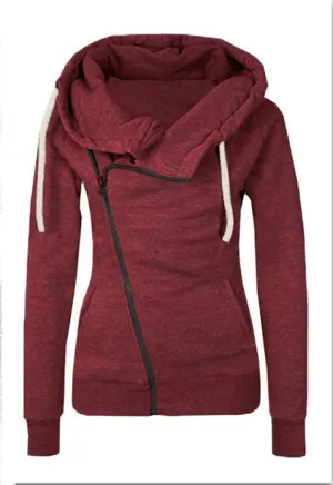 Celino Women's Burgandy Hoodie Side Zipper Sweat-Shirt Turn-Down Collar Coat Sweater