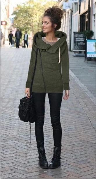 Celino Women's Green Hoodie Side Zipper Sweat-Shirt Turn-Down Collar Coat Sweater