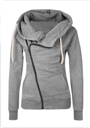 Celino Women's Grey Hoodie Side Zipper Sweat-Shirt Turn-Down Collar Coat Sweater