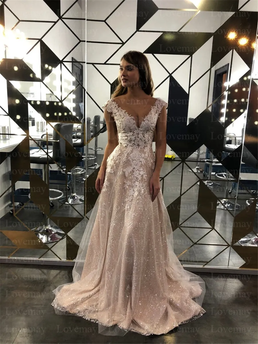 Champagne Glitter A Line Wedding Dresses Cap Sleeves Lace Appliques Sparkling Bridal Gown
