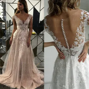 Champagne Glitter A Line Wedding Dresses Cap Sleeves Lace Appliques Sparkling Bridal Gown