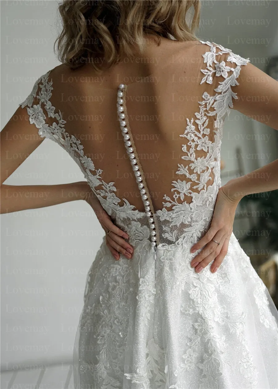 Champagne Glitter A Line Wedding Dresses Cap Sleeves Lace Appliques Sparkling Bridal Gown
