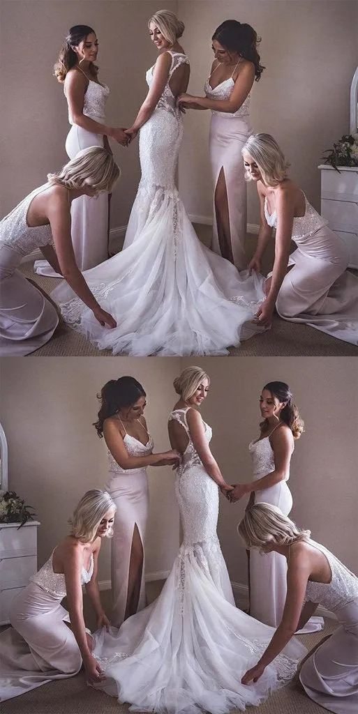 Cheap Ivory Bridesmaid Dresses Floor-Length Sequin Slit Sleeveless