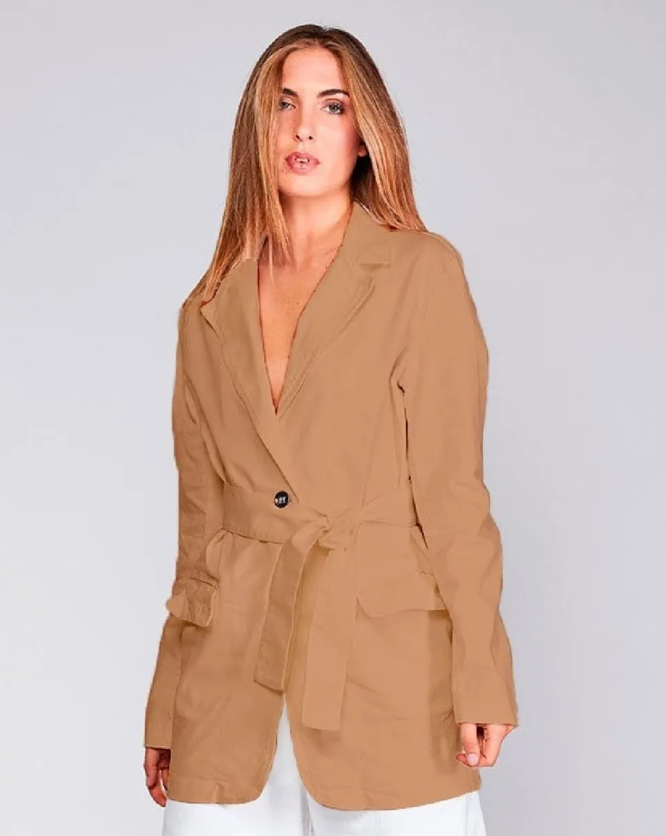 Cotton Two-Button Belted Long Blazer