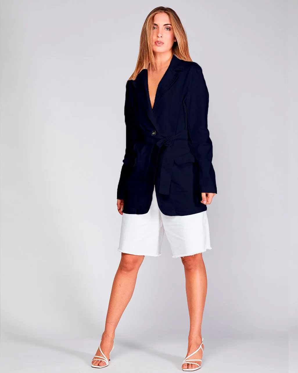 Cotton Two-Button Belted Long Blazer