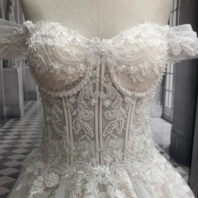 Court Train A-Line Wedding Dress Off Shoulder Beaded Vintage Bride Gown