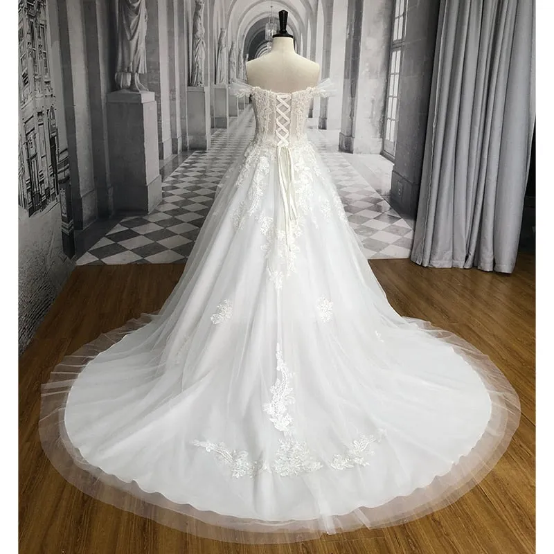 Court Train A-Line Wedding Dress Off Shoulder Beaded Vintage Bride Gown