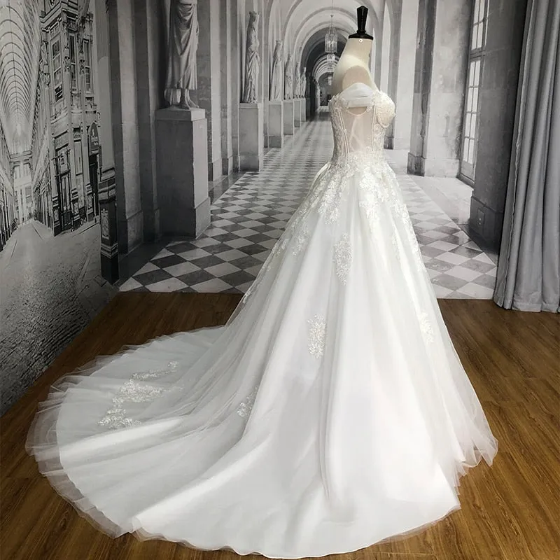 Court Train A-Line Wedding Dress Off Shoulder Beaded Vintage Bride Gown