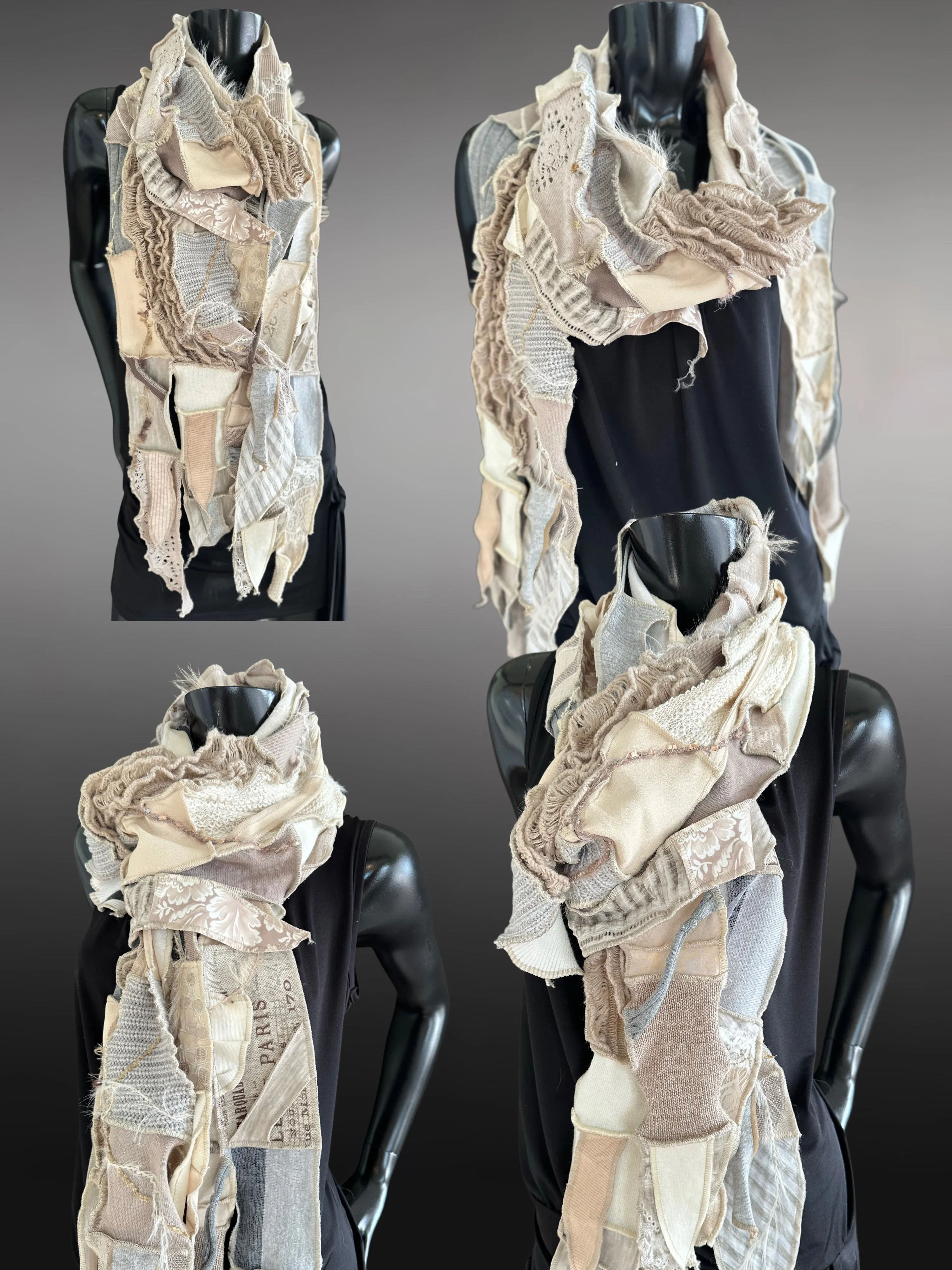Couture upcycled fabric long scarf, Shreds series bohemian style, upcycled indie clothing, blue jean cream scarf, wrap shawl