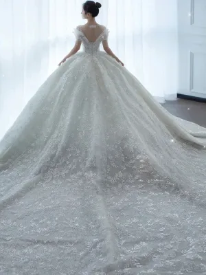 Crystal Beaded Wedding Dress Puff Tulle White Wedding Gown Simple Bride Dress