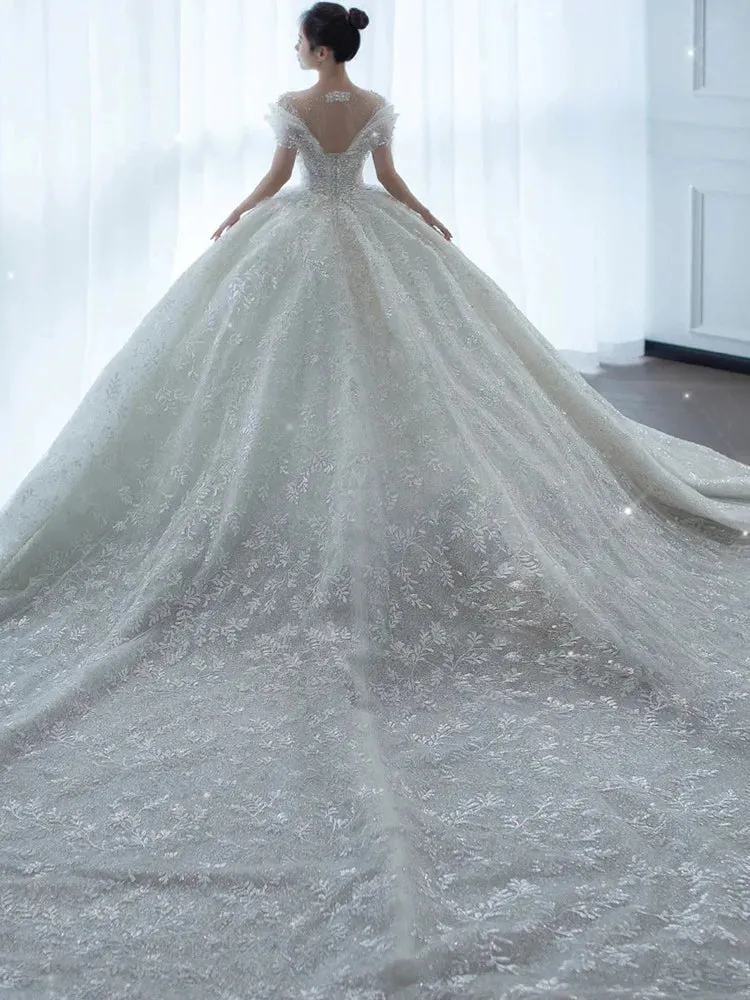 Crystal Beaded Wedding Dress Puff Tulle White Wedding Gown Simple Bride Dress