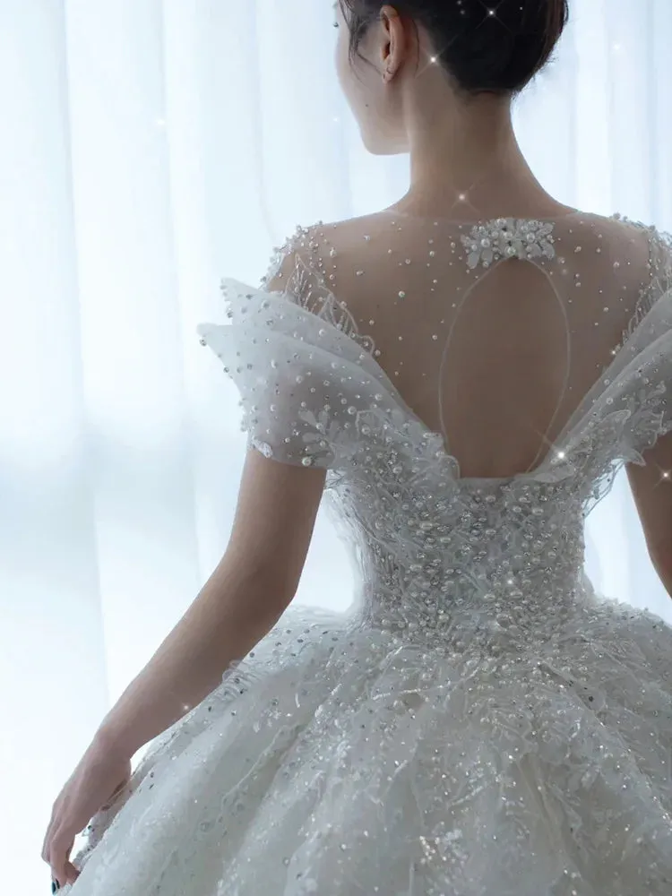 Crystal Beaded Wedding Dress Puff Tulle White Wedding Gown Simple Bride Dress