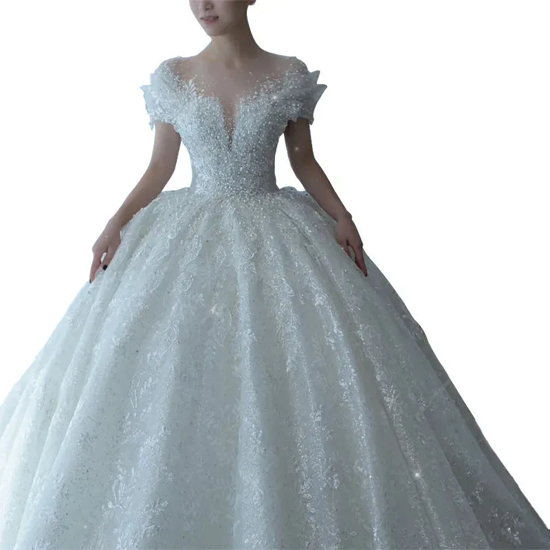 Crystal Beaded Wedding Dress Puff Tulle White Wedding Gown Simple Bride Dress