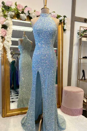 Custom Blue Sequin Prom Dresses Mermaid Halter Long Formal Dress with Slit