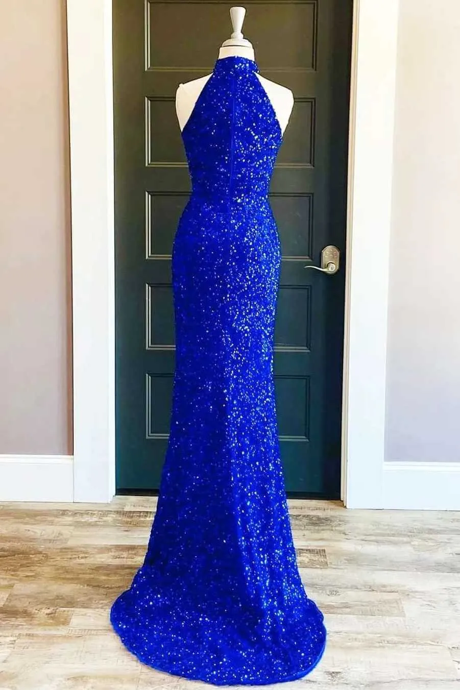 Custom Blue Sequin Prom Dresses Mermaid Halter Long Formal Dress with Slit