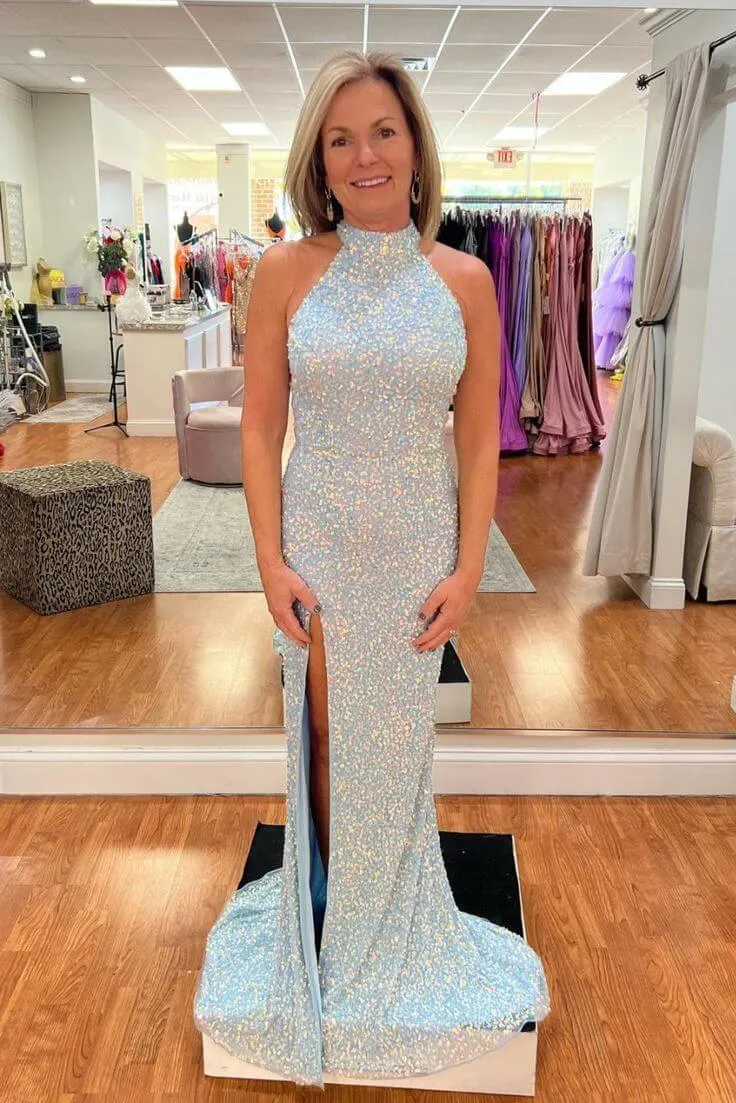 Custom Blue Sequin Prom Dresses Mermaid Halter Long Formal Dress with Slit