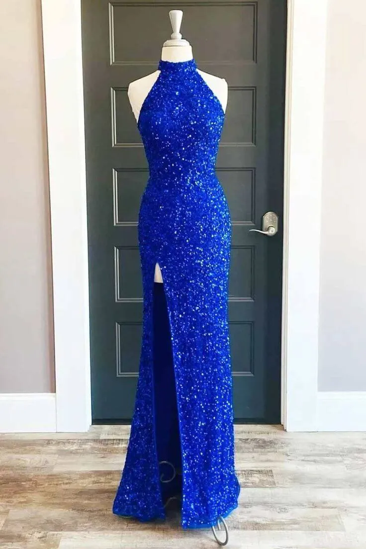 Custom Blue Sequin Prom Dresses Mermaid Halter Long Formal Dress with Slit