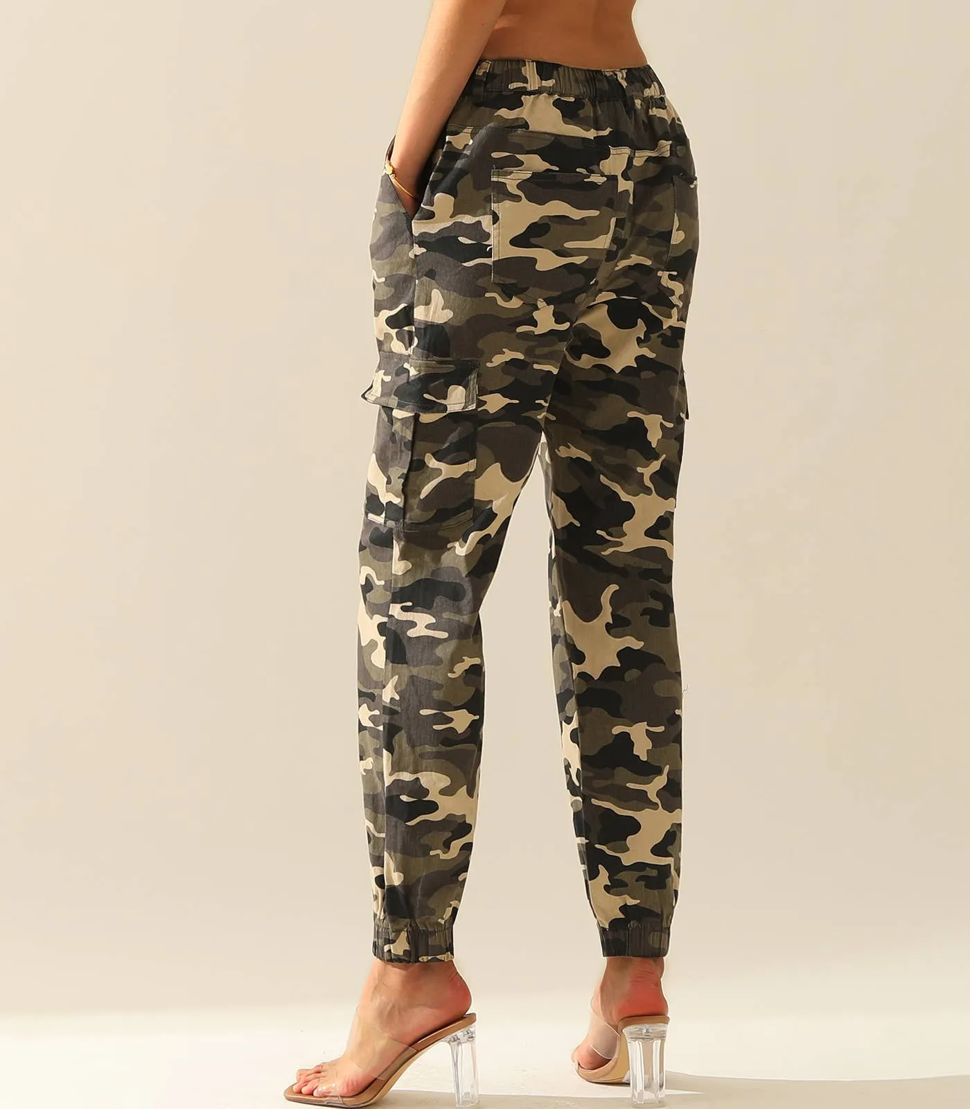 CWBLP400-1_Elastic Waist Camo Cargo Pants Cotton Work Pants: GREENCAMO / (M) 1