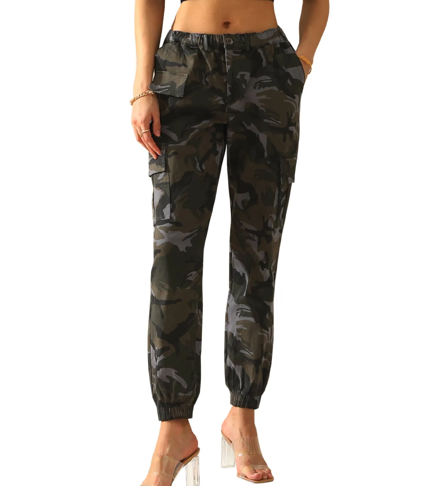 CWBLP400-1_Elastic Waist Camo Cargo Pants Cotton Work Pants: GREENCAMO / (M) 1