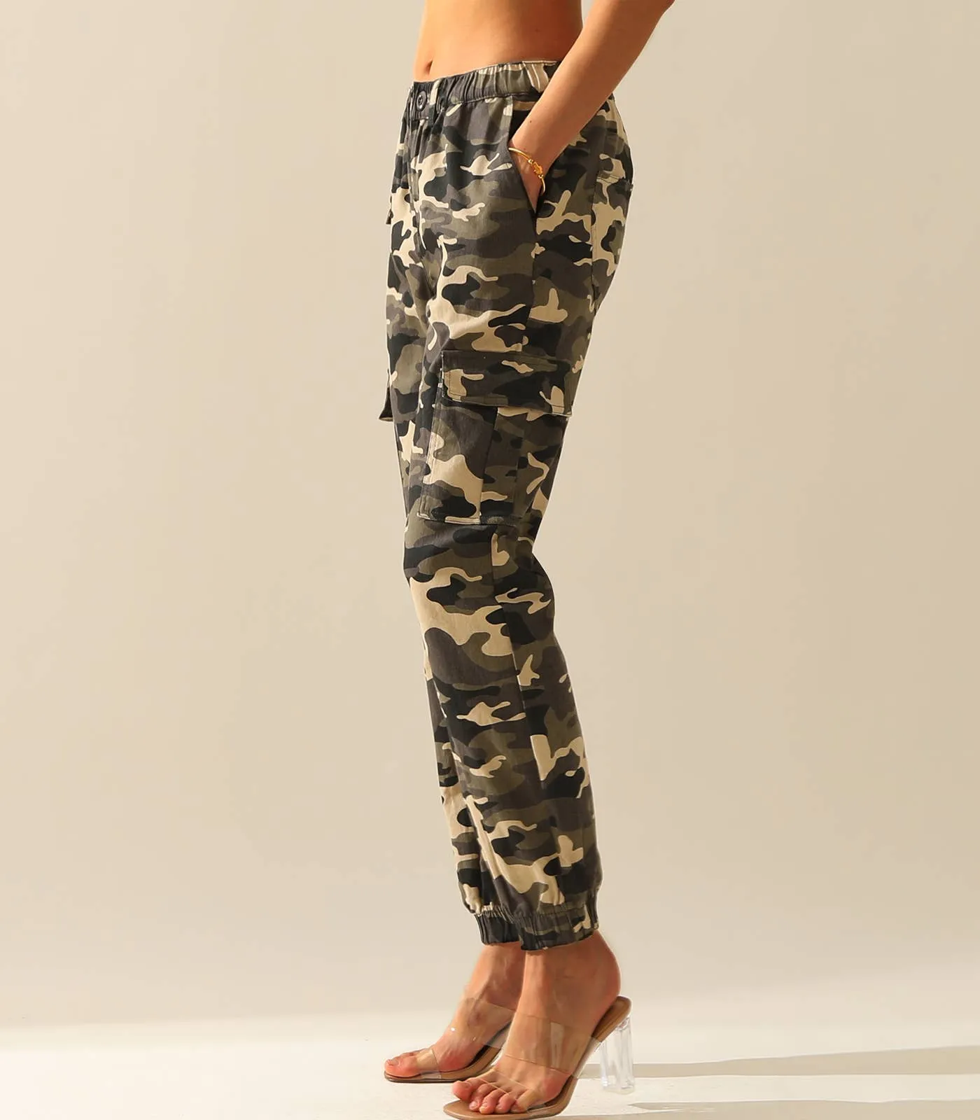 CWBLP400-1_Elastic Waist Camo Cargo Pants Cotton Work Pants: GREENCAMO / (M) 1