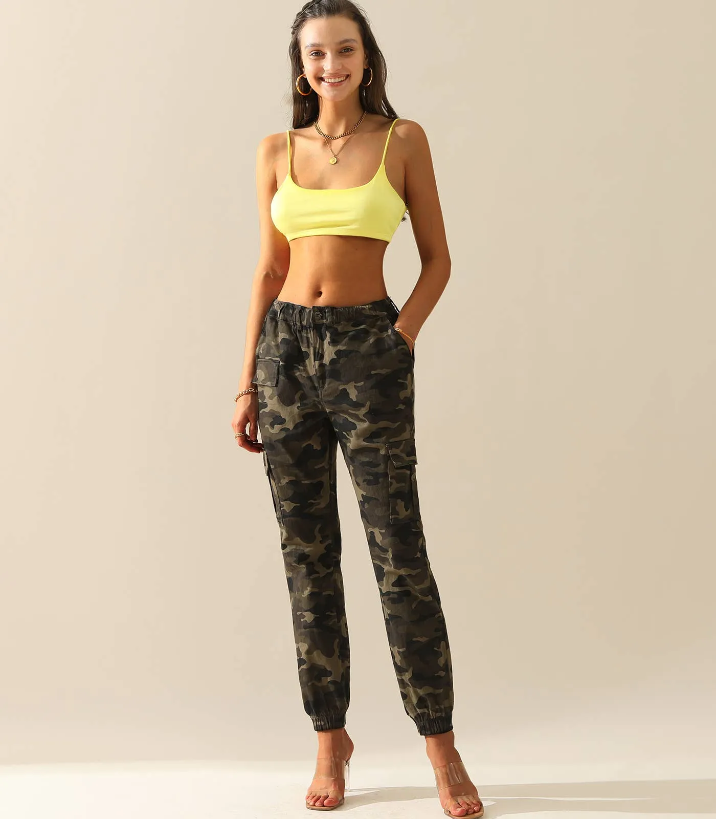 CWBLP400-1_Elastic Waist Camo Cargo Pants Cotton Work Pants: GREENCAMO / (XL) 1