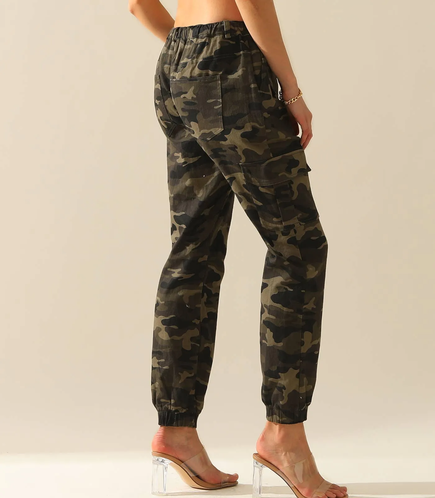 CWBLP400-1_Elastic Waist Camo Cargo Pants Cotton Work Pants: GREENCAMO / (XL) 1