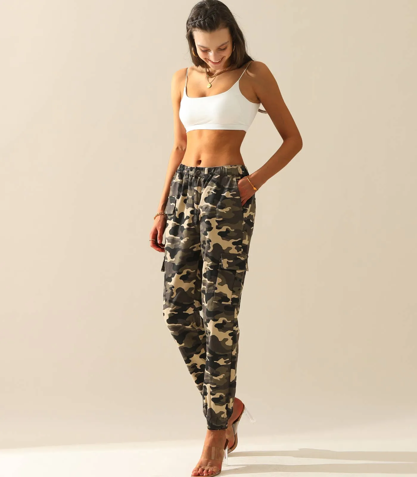 CWBLP400-1_Elastic Waist Camo Cargo Pants Cotton Work Pants: GREENCAMO / (XL) 1