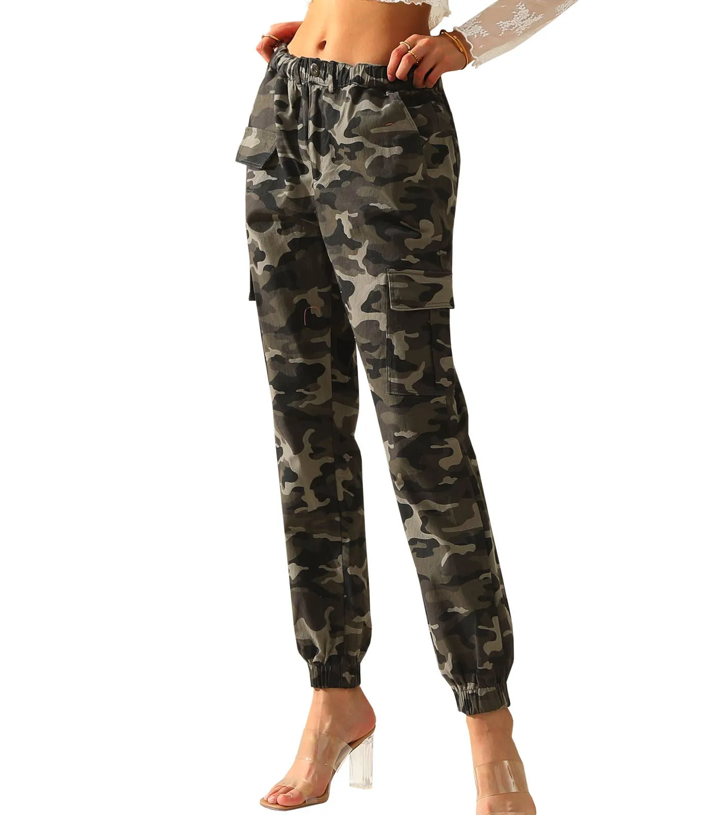 CWBLP400-1_Elastic Waist Camo Cargo Pants Cotton Work Pants: GREENCAMO / (XL) 1