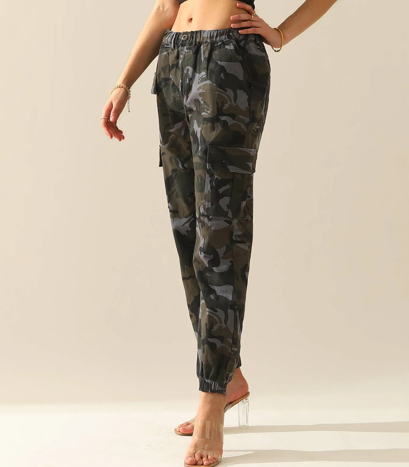 CWBLP400-1_Elastic Waist Camo Cargo Pants Cotton Work Pants: GREENCAMO / (XL) 1