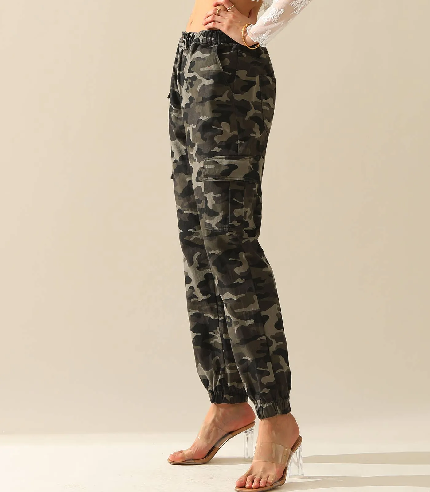 CWBLP400-1_Elastic Waist Camo Cargo Pants Cotton Work Pants: GREENCAMO / (XL) 1