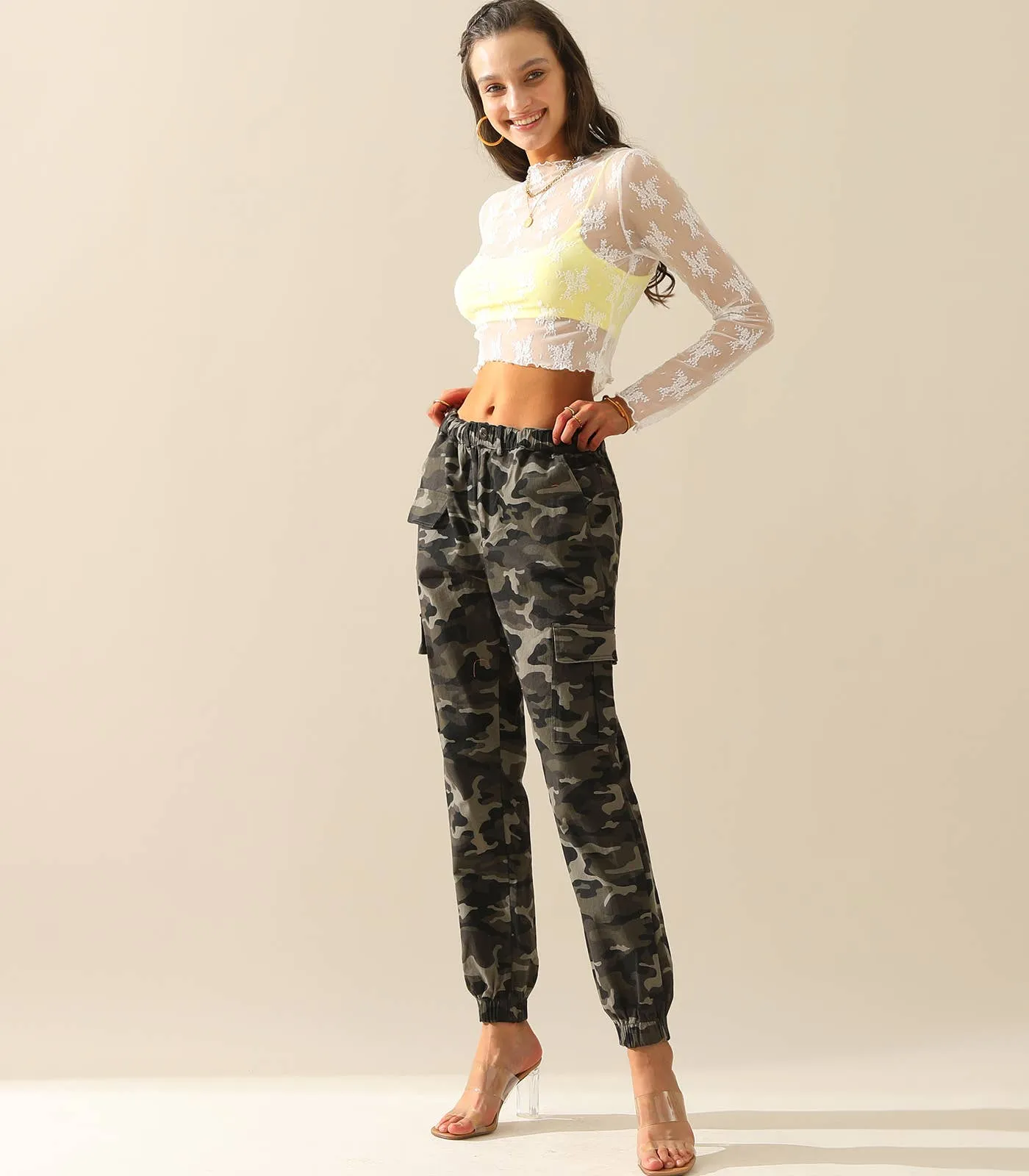 CWBLP400-1_Elastic Waist Camo Cargo Pants Cotton Work Pants: GREENCAMO / (XL) 1