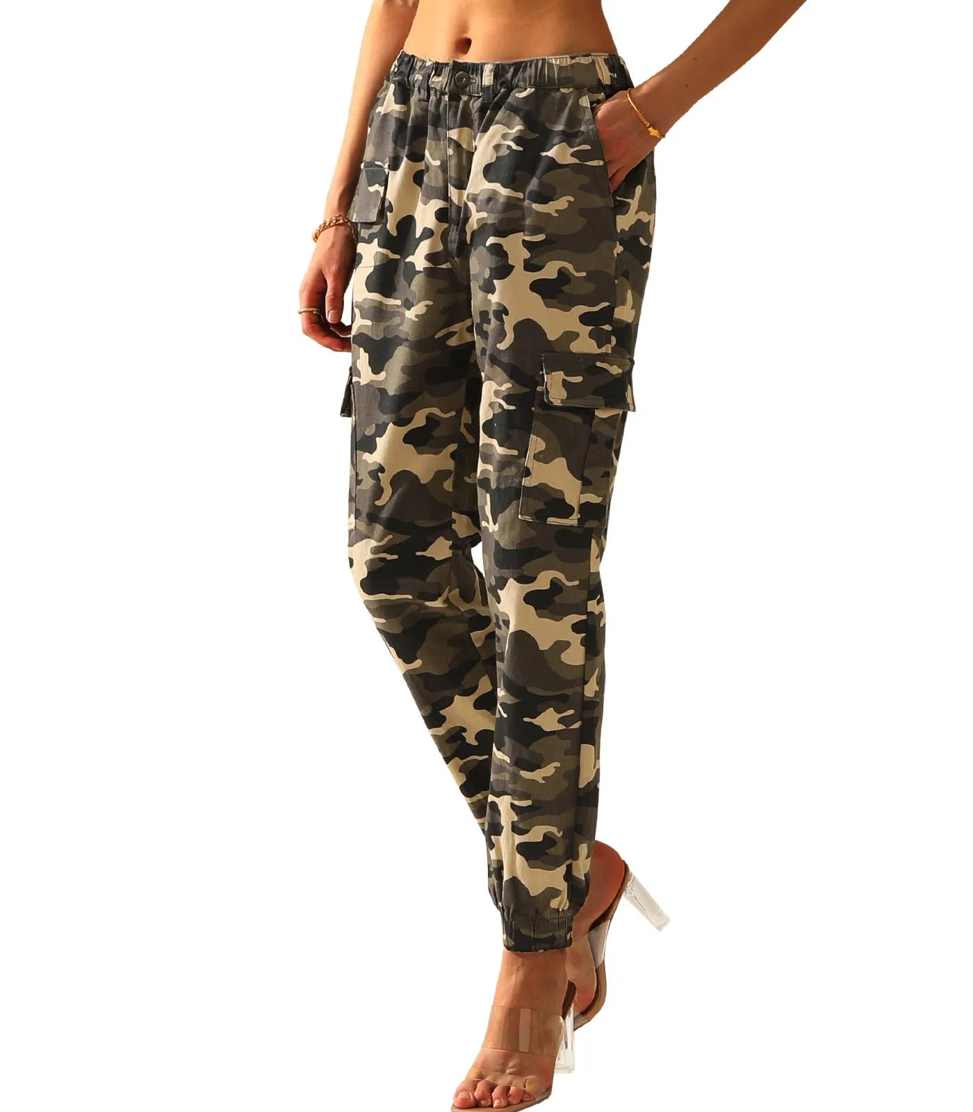 CWBLP400-1_Elastic Waist Camo Cargo Pants Cotton Work Pants: GREENCAMO / (XL) 1