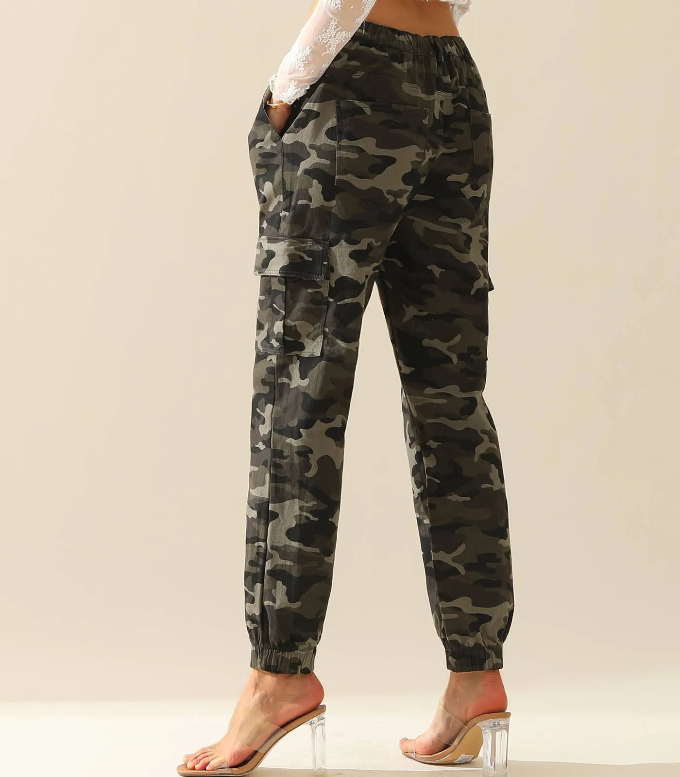 CWBLP400-1_Elastic Waist Camo Cargo Pants Cotton Work Pants: GREENCAMO / (XL) 1