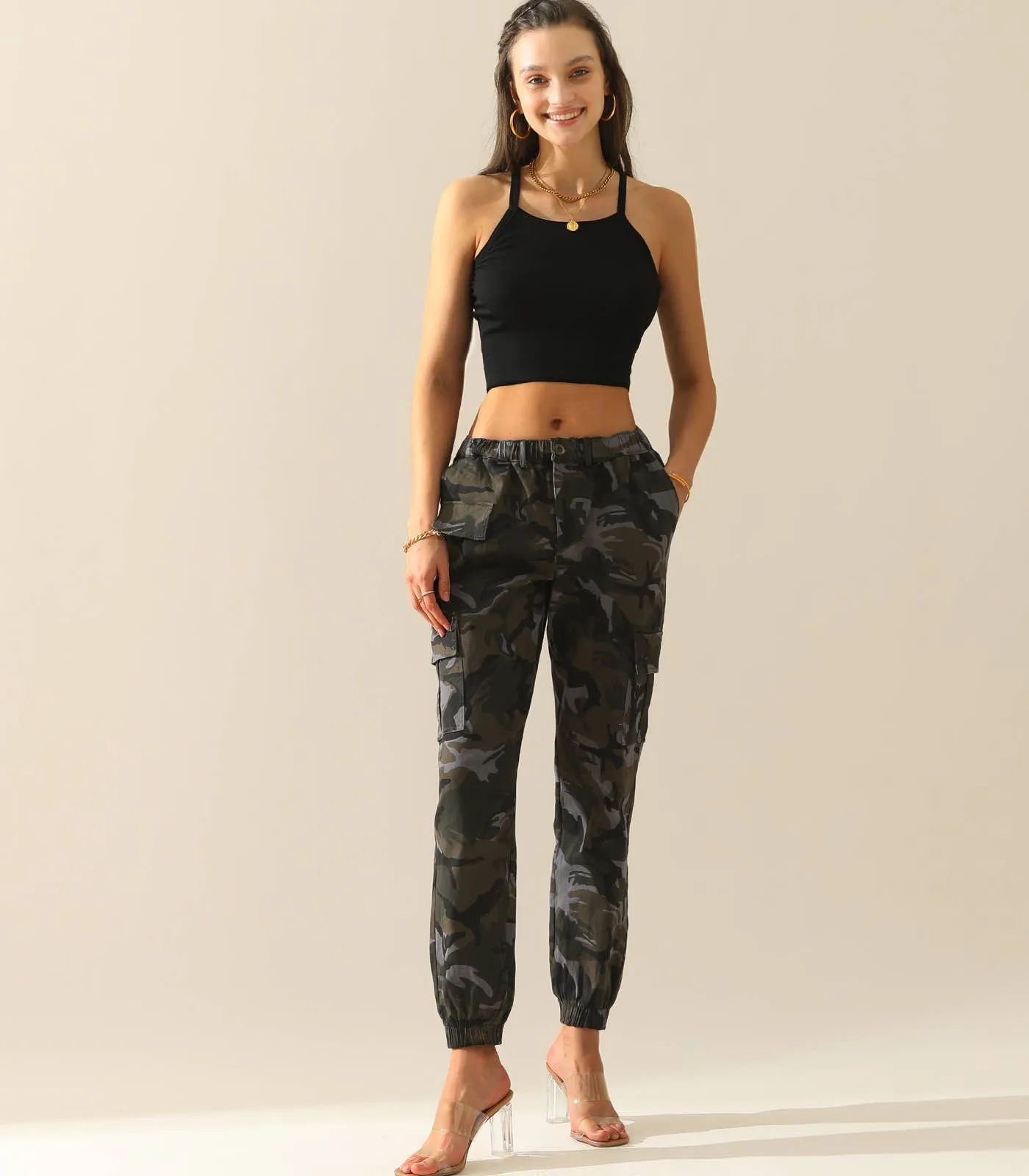 CWBLP400-1_Elastic Waist Camo Cargo Pants Cotton Work Pants: GREENCAMO / (XL) 1