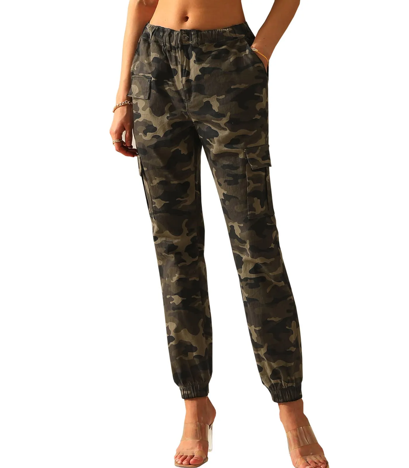 CWBLP400-1_Elastic Waist Camo Cargo Pants Cotton Work Pants: GREENCAMO / (XL) 1