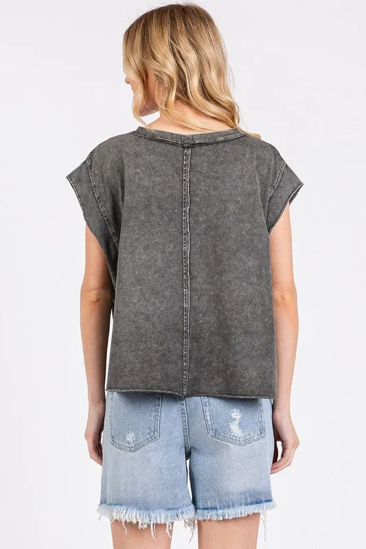 Dark Gray Round Neck Cap Sleeve T-Shirt