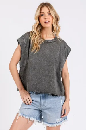 Dark Gray Round Neck Cap Sleeve T-Shirt